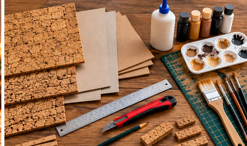 Láminas de corcho, planchas de cartón, cola blanca, regla, cúter, pinceles y pinturas colocados sobre una mesa