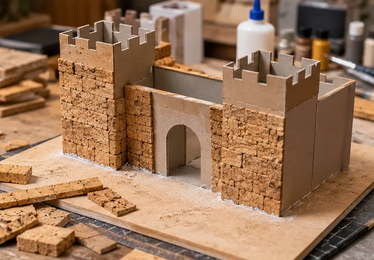 Armazón de cartón de un castillo para el belén con dos torres, puerta central y revestimiento parcial de corcho