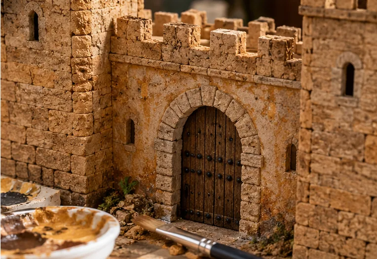 Detalle del acabado de una muralla con almenas, arco de piedra y puerta de madera junto a un pincel y pintura