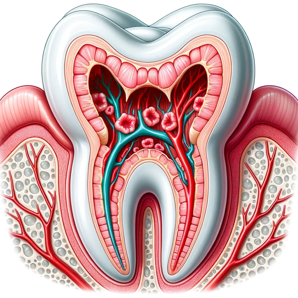 DALL·E 2023 10 19 06.06.23 Ilustracion detallada mostrando el interior de un diente destacando la pulpa dental y los conductos radiculares 11