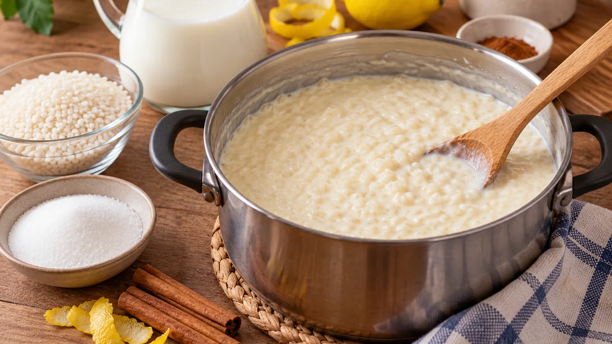 Cazuela de arroz con leche junto a una cuchara de madera