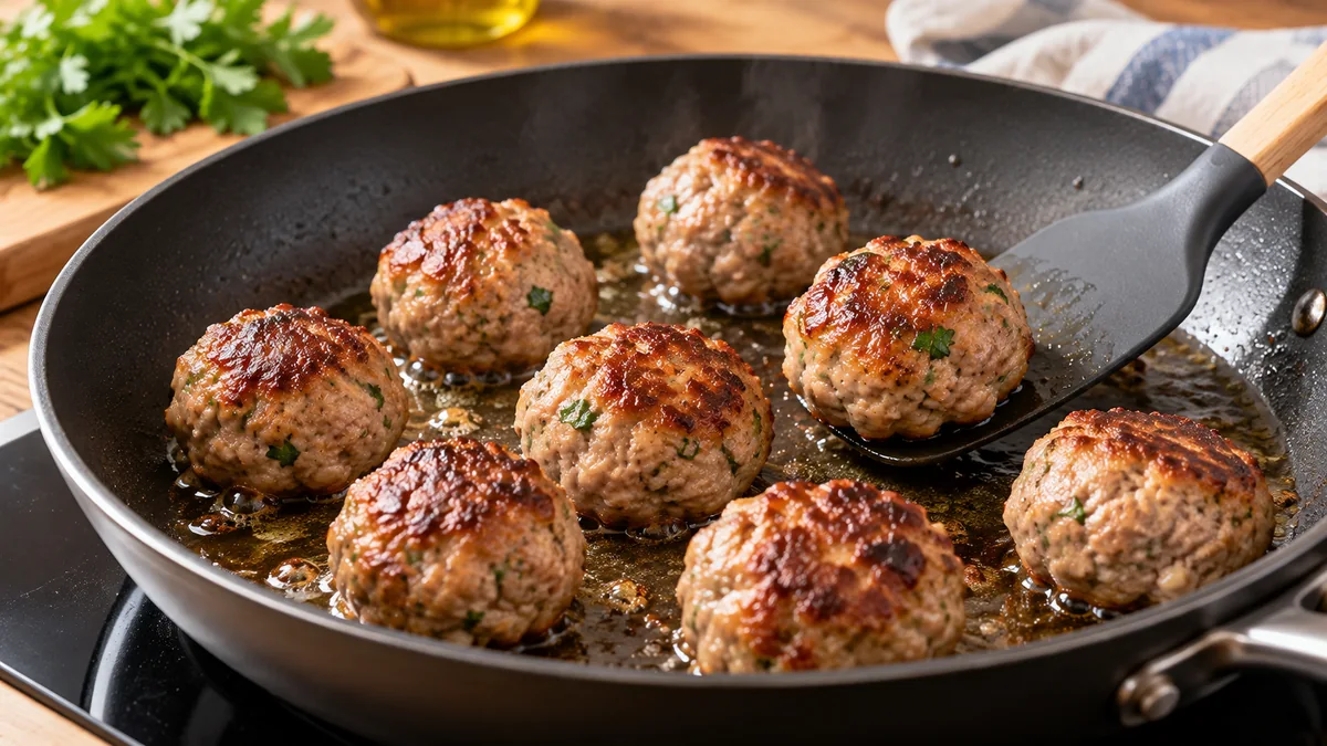 Albóndigas dorándose en una sartén con aceite a fuego medio