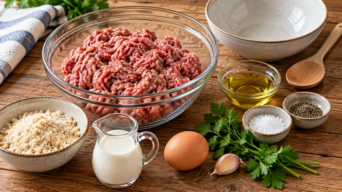 Carne picada, pan, leche, huevo, ajo y perejil para hacer albóndigas