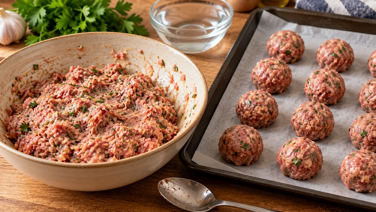Mezcla de carne y albóndigas crudas de tamaño uniforme listas para cocinar