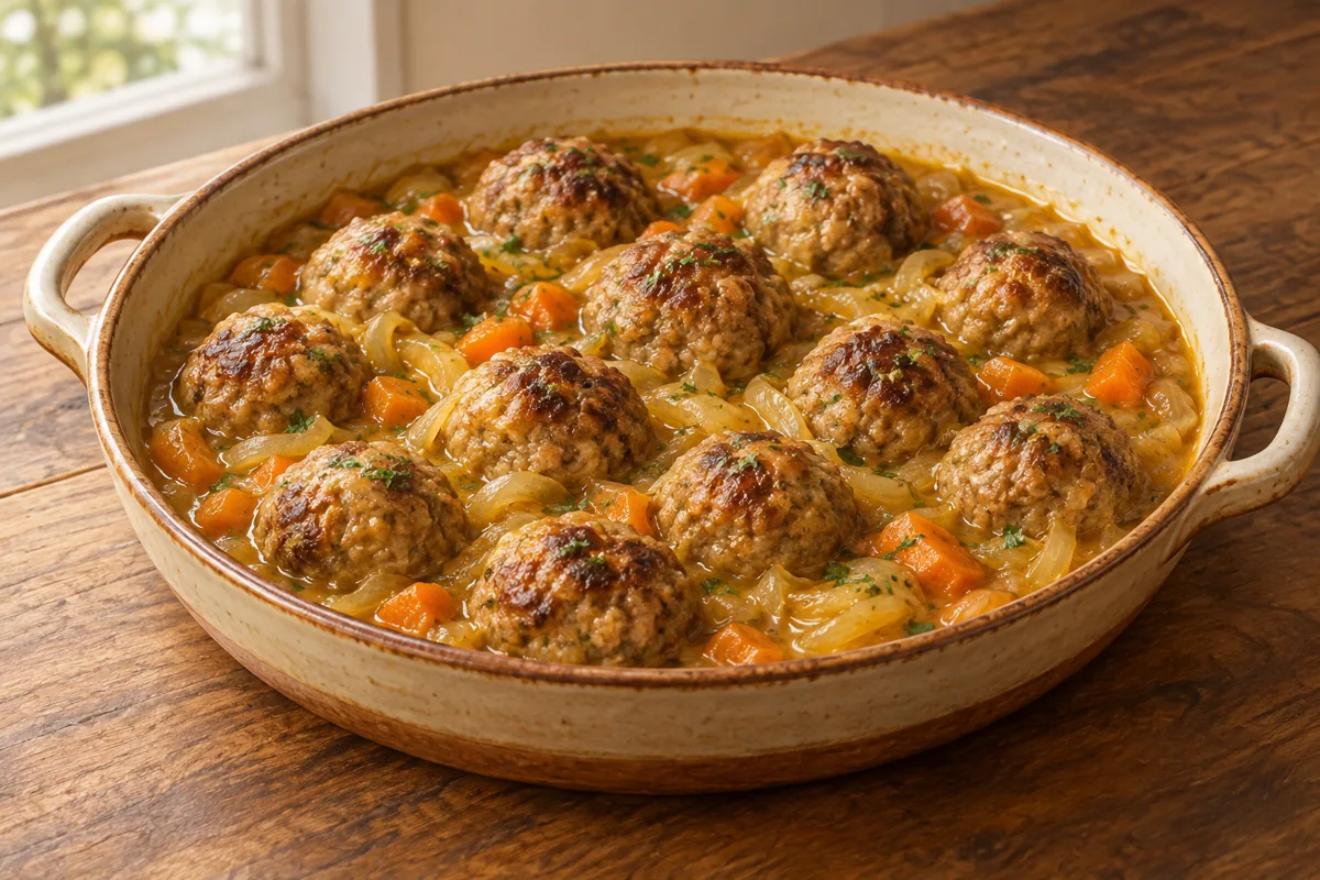 Ilustración de albóndigas doradas en una cazuela con salsa de cebolla y zanahoria.
