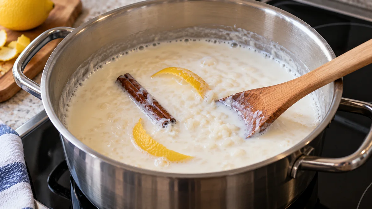 Arroz con leche en una cazuela con canela, limón y una cuchara de madera