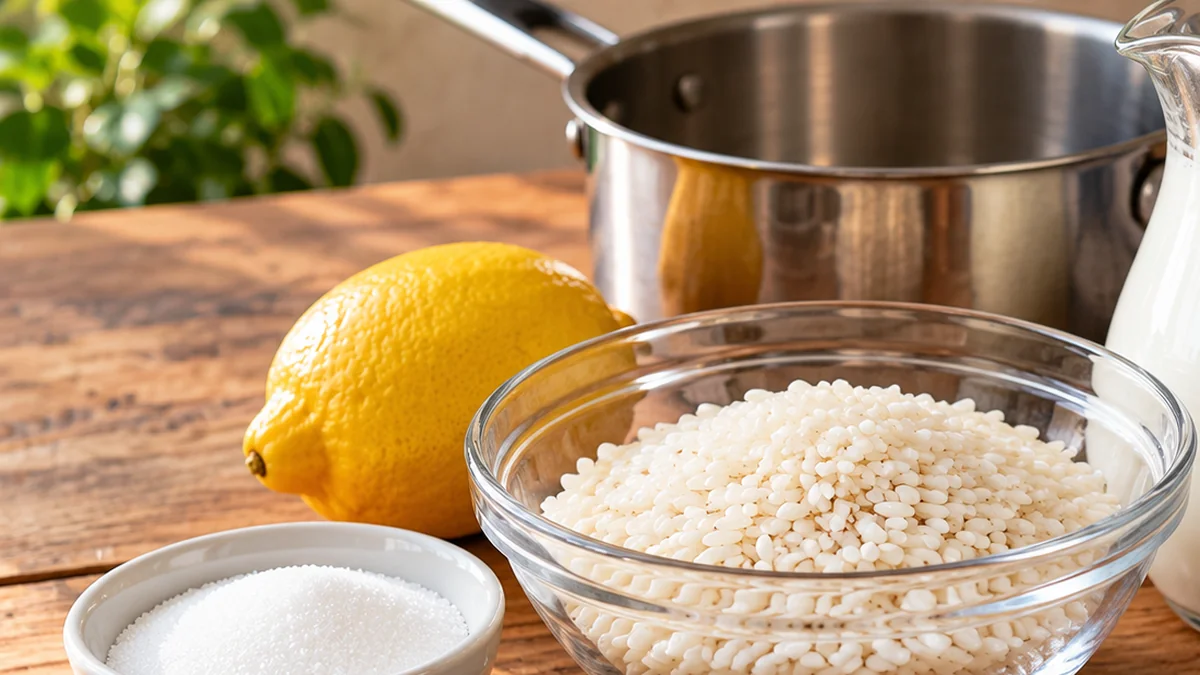 Arroz redondo, leche, azúcar y limón preparados junto a una cazuela