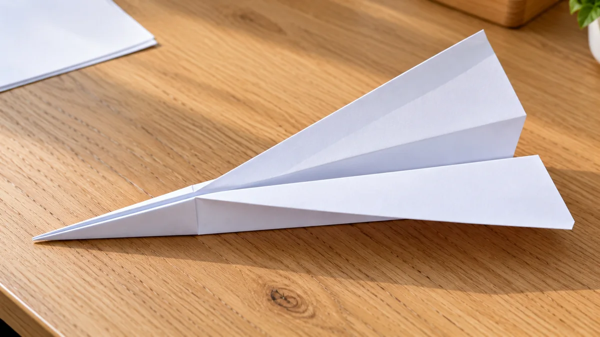 Avión de papel con las dos alas abiertas para comprobar su simetría