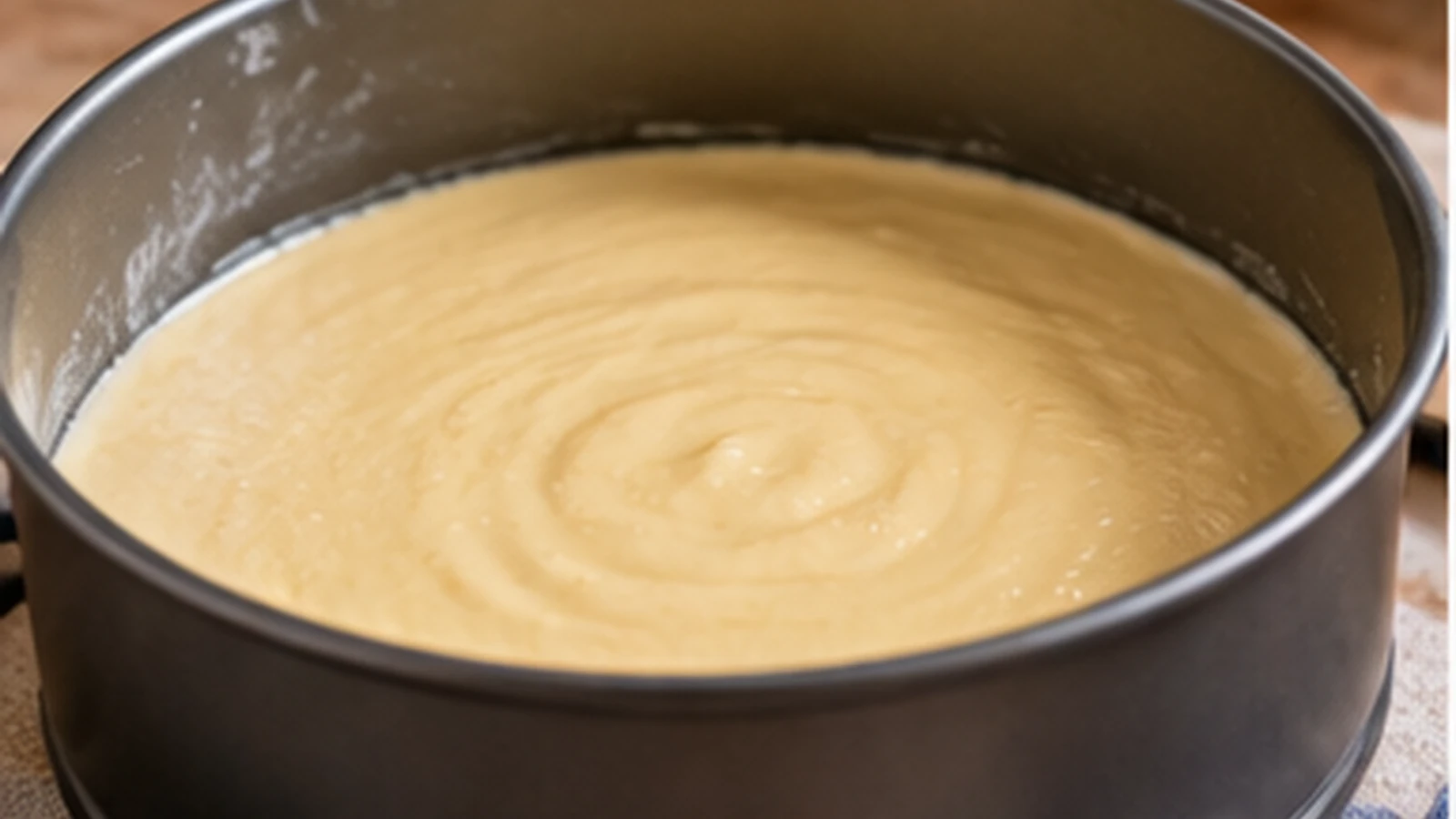 Masa de bizcocho repartida en un molde redondo antes de entrar al horno.