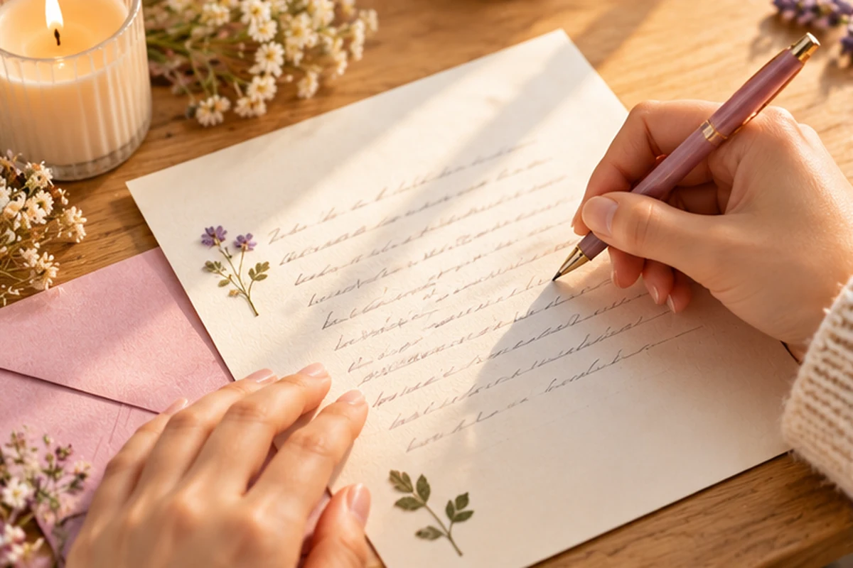 Manos escribiendo una carta de amistad sobre papel junto a flores pequeñas