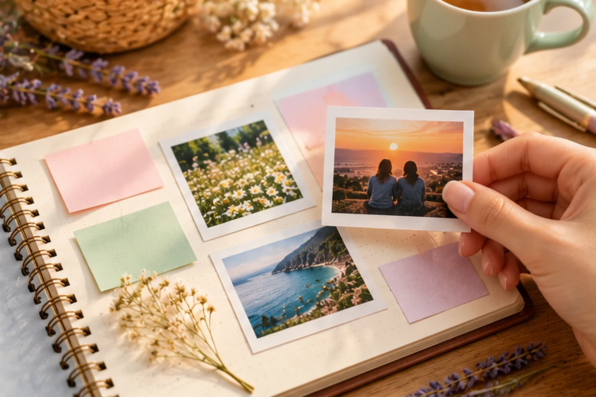 Cuaderno con fotografías y notas para recordar momentos compartidos con una amiga