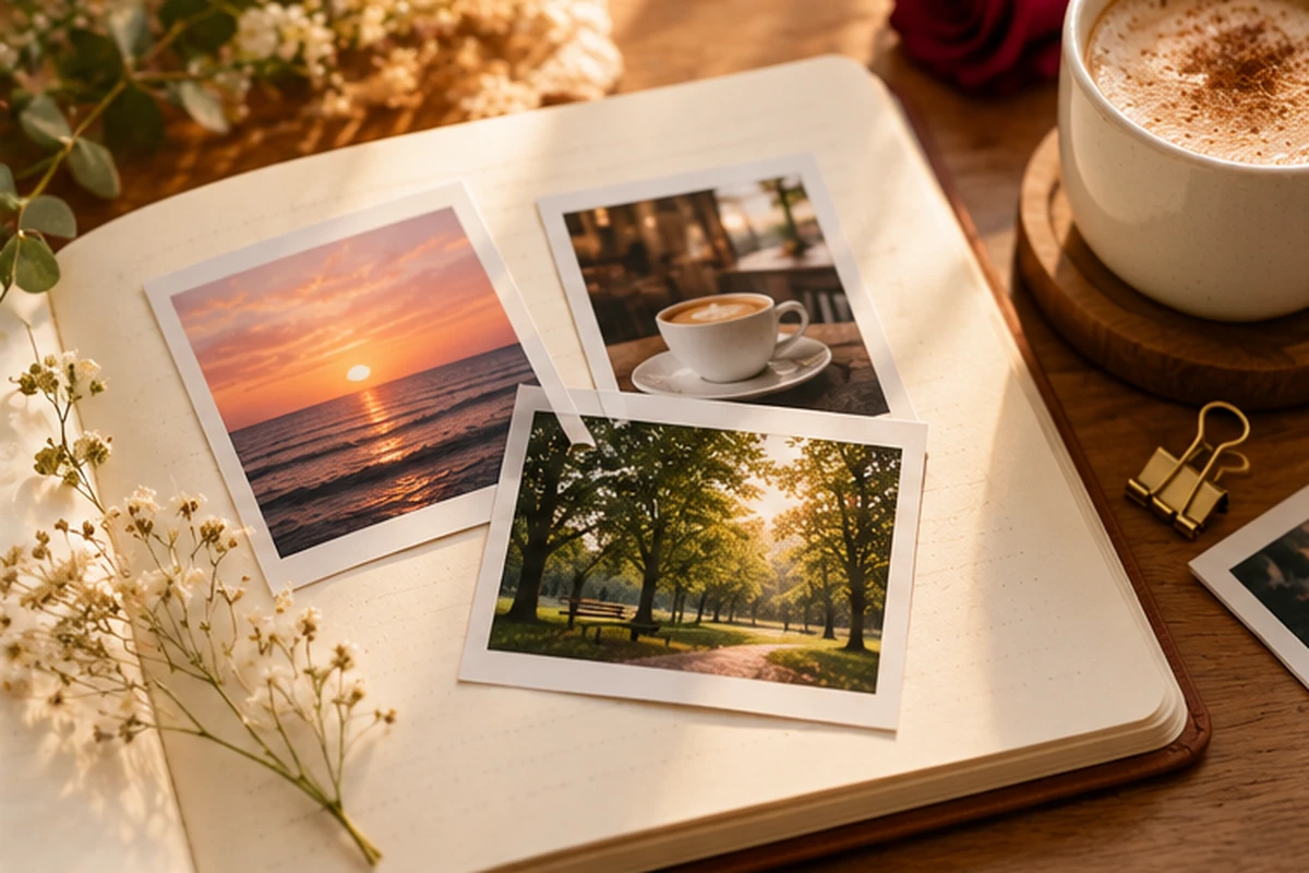 Fotografías de un atardecer, una cafetería y un parque sobre una libreta, para inspirar recuerdos de pareja