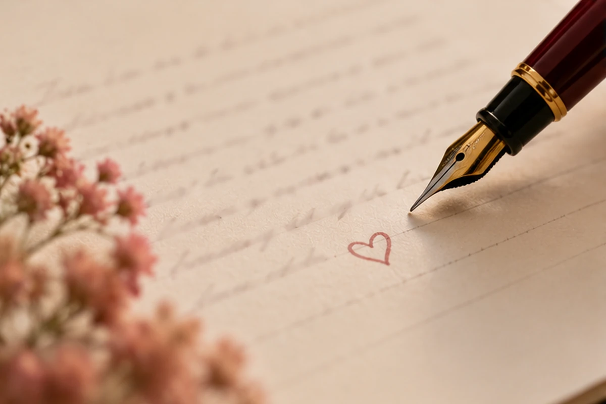 Pluma estilográfica junto a un corazón dibujado sobre una carta manuscrita con letras desenfocadas