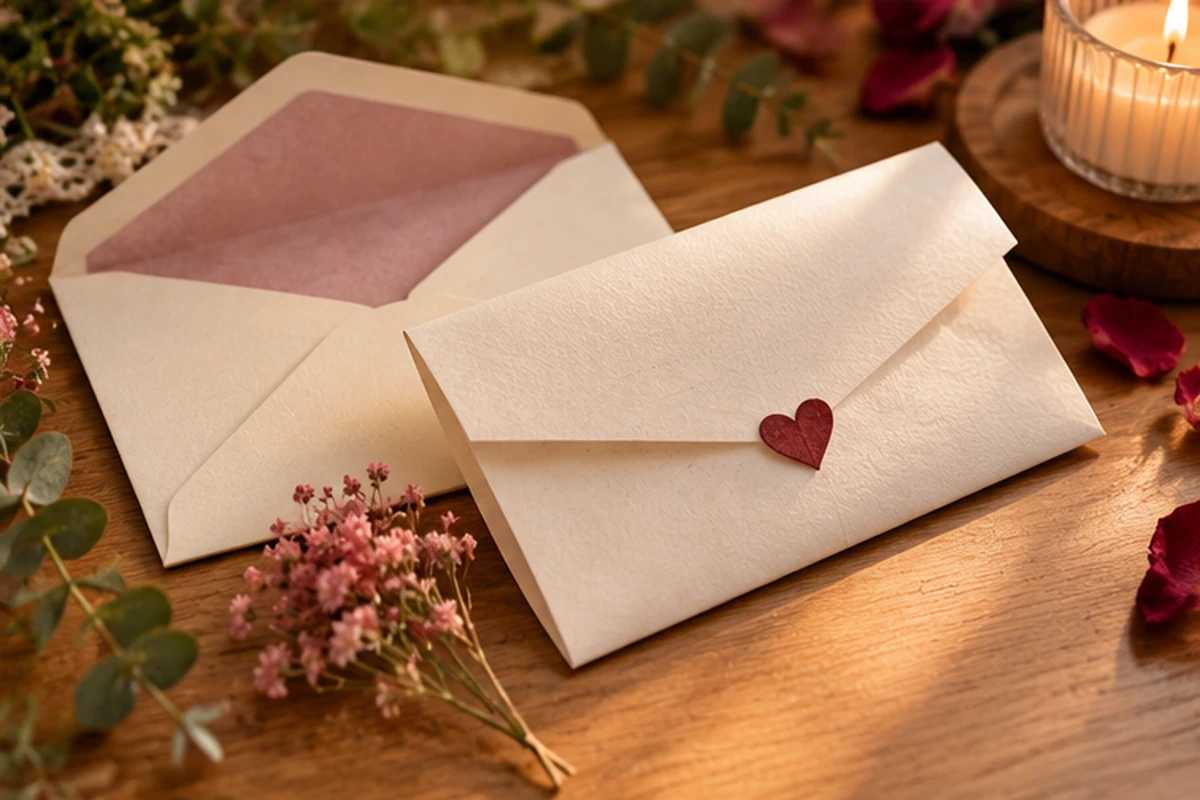 Sobre de papel crema con un corazón pequeño, junto a flores y una vela encendida