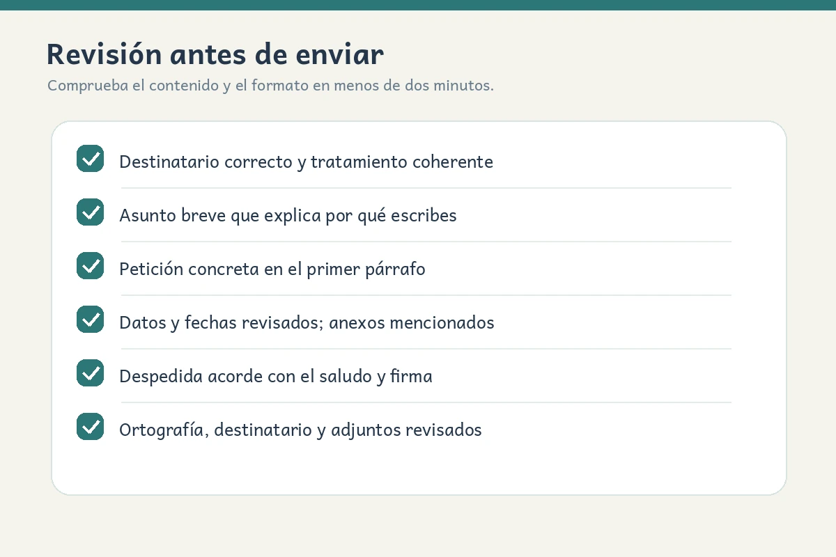 Lista de comprobación antes de enviar una carta formal: destinatario, asunto, cuerpo, datos, despedida y ortografía