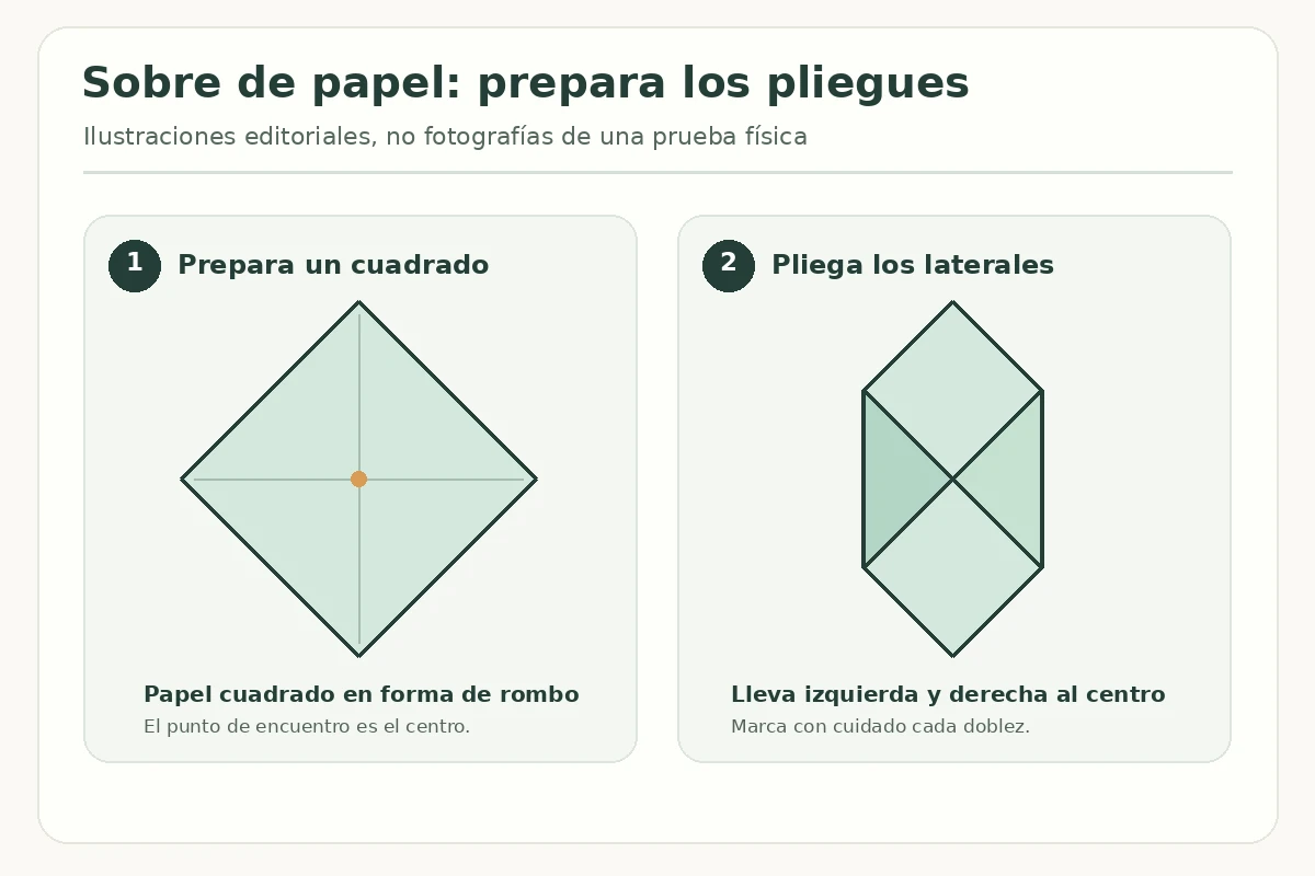 Pasos 1 y 2: diagrama de un cuadrado de papel colocado en rombo y lados doblados hacia el centro