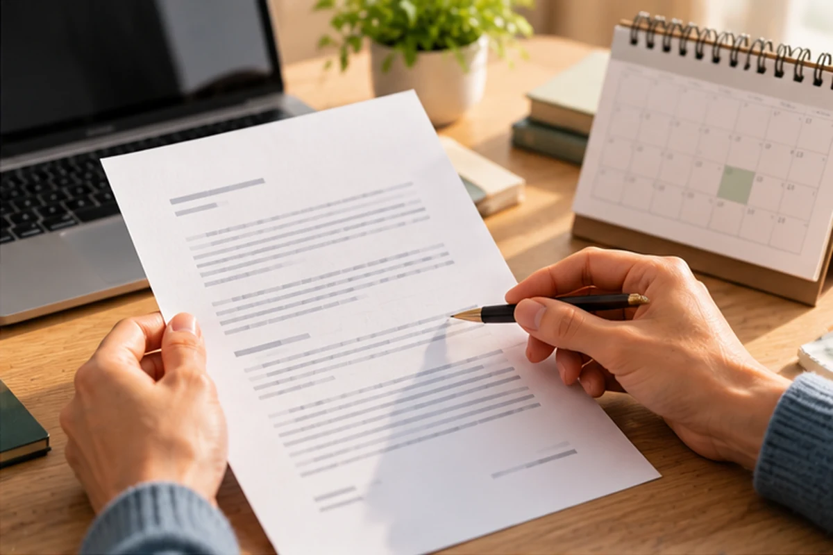 Persona revisando un documento junto a un calendario antes de fijar el último día de trabajo