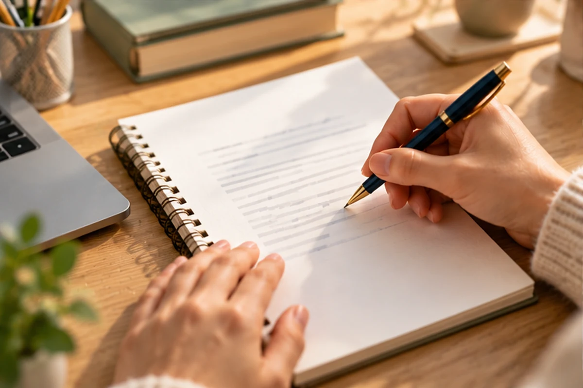 Mano escribiendo un borrador de carta laboral sobre una libreta