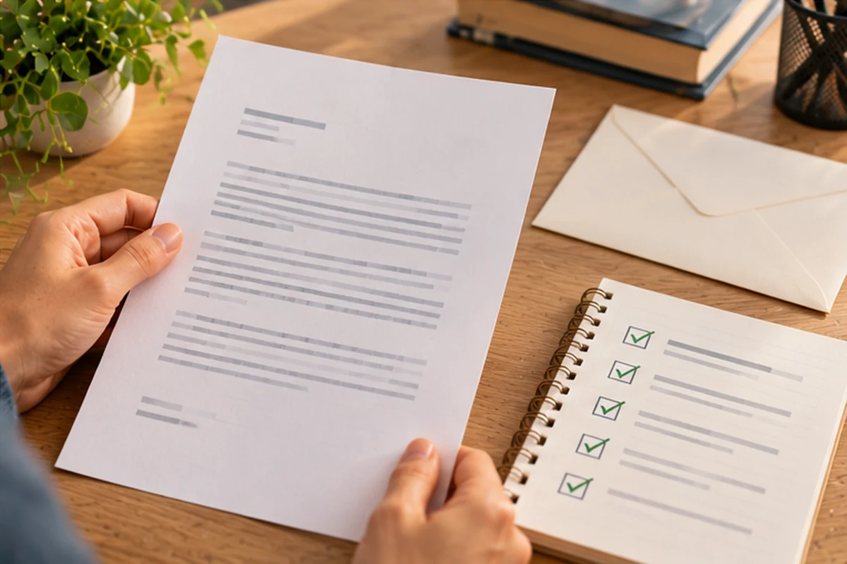Persona revisando una carta y una lista de comprobación junto a un sobre