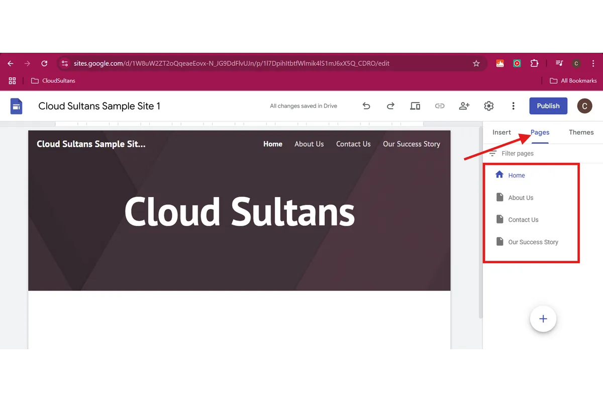 Captura real de Google Sites con la opción Páginas y estructura de navegación