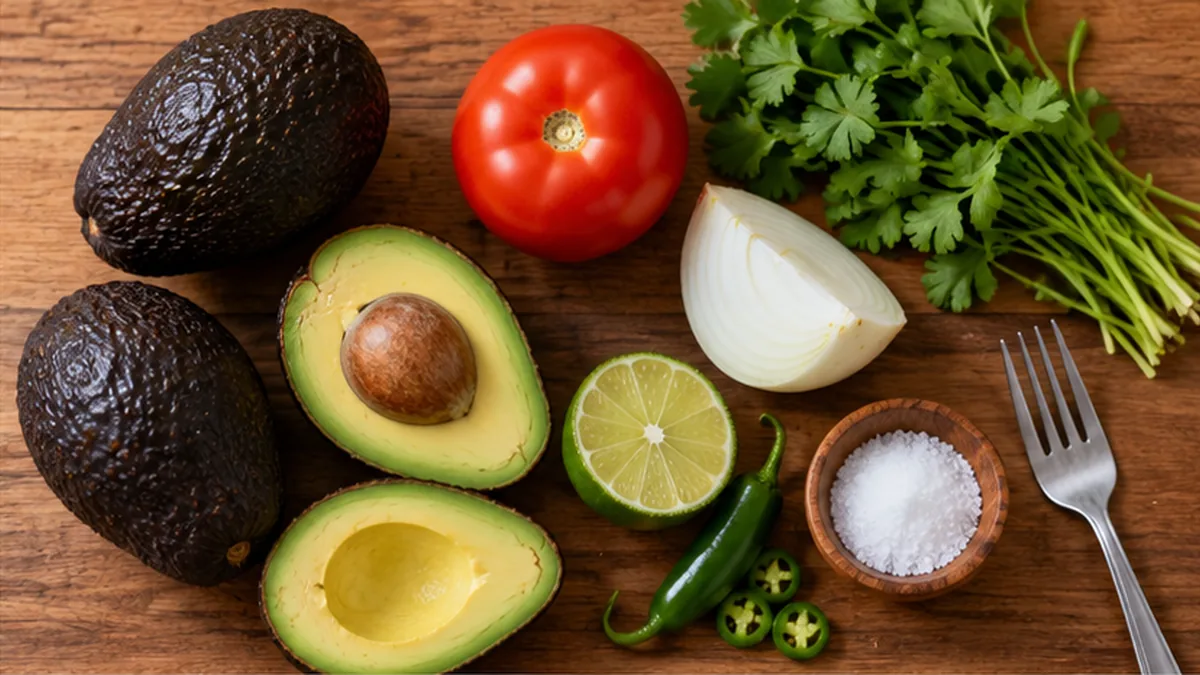 Ingredientes para guacamole casero: aguacates, tomate, cebolla, lima, chile y cilantro