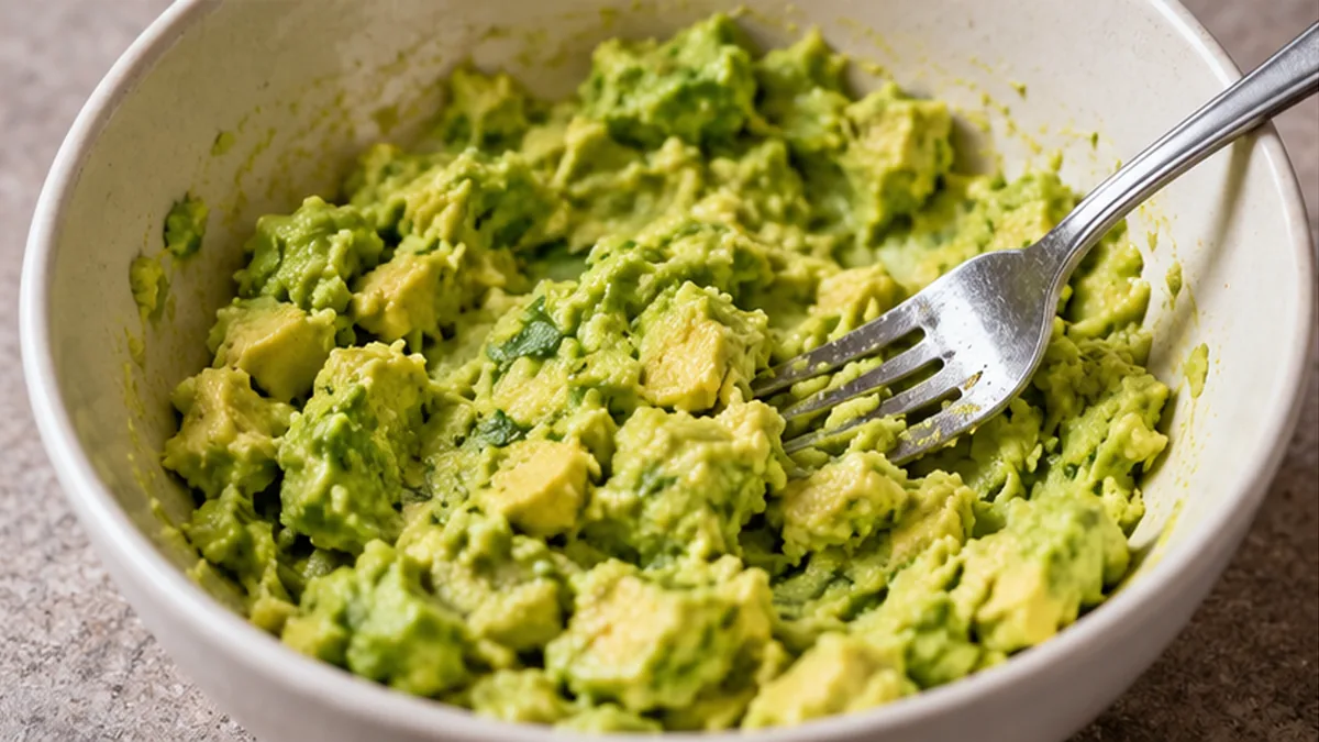 Aguacate maduro machacado con un tenedor en un bol, con textura cremosa y trozos