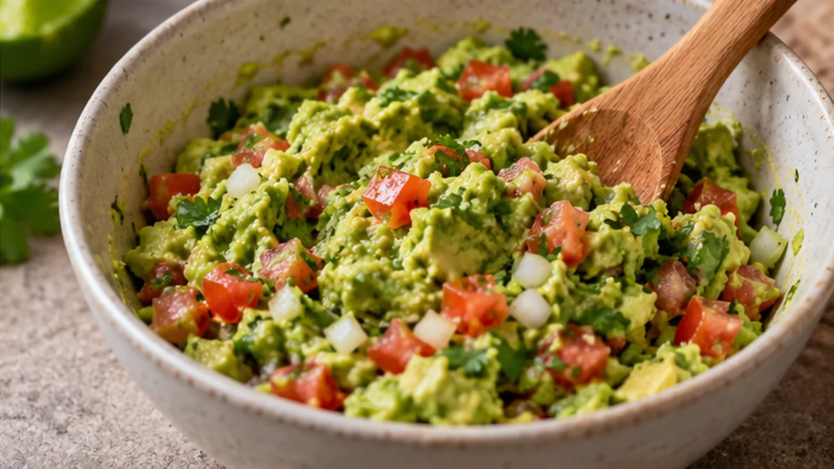 Guacamole mezclado con tomate, cebolla y cilantro, mostrando la textura final