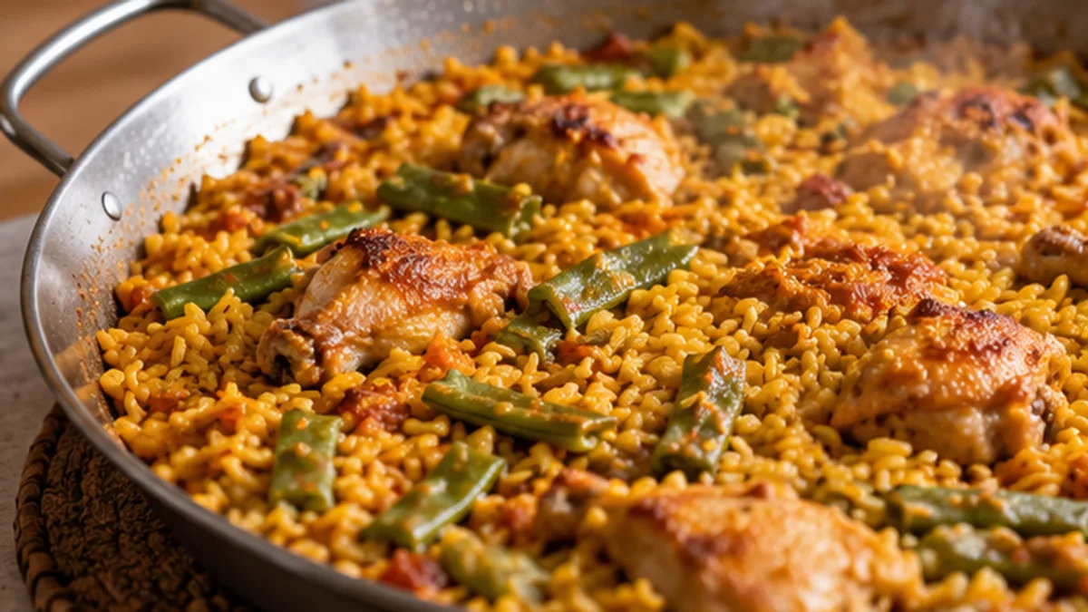Primer plano de arroz dorado y suelto con pollo y judías verdes al final de la cocción