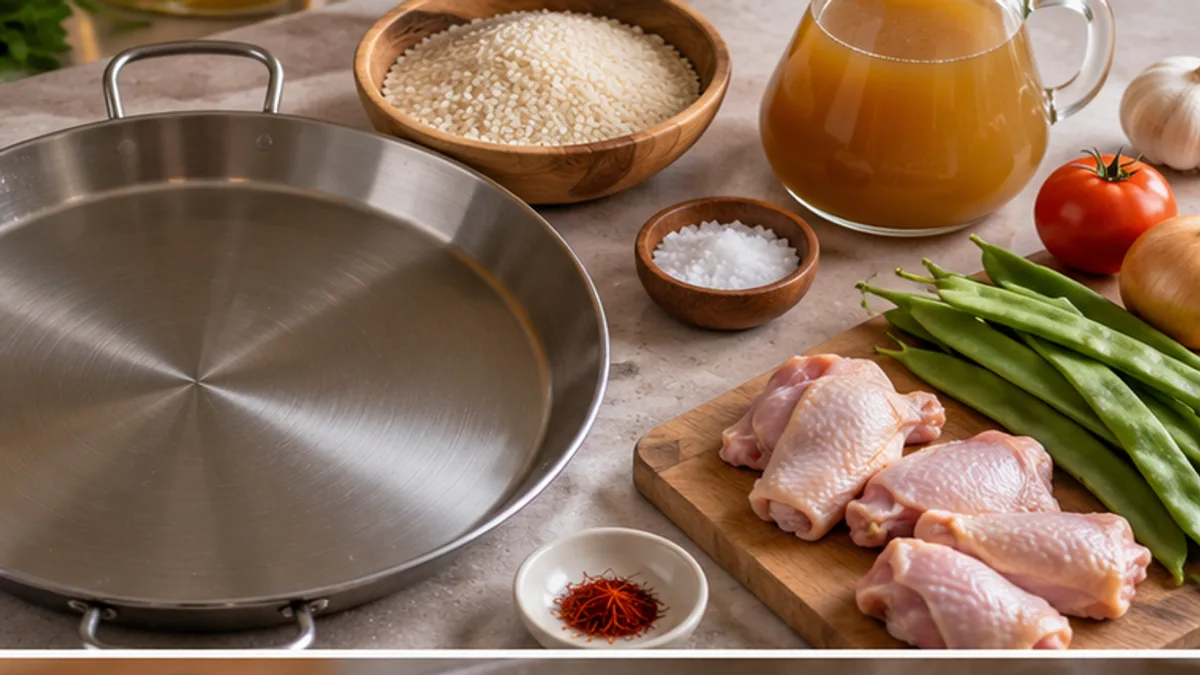 Recipiente ancho de paella con arroz redondo, caldo, pollo y judías verdes preparados