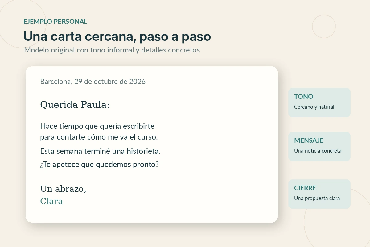 Modelo de carta informal dirigida a Paula, con saludo, noticia y despedida