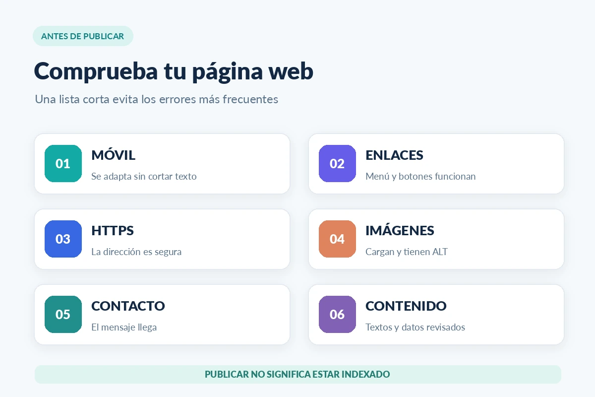 Lista de seis comprobaciones para publicar una web: móvil, enlaces, HTTPS, imágenes, contacto y contenido