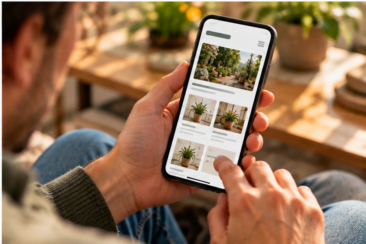 Persona revisando el diseño ilustrativo de un blog de plantas en la pantalla del móvil