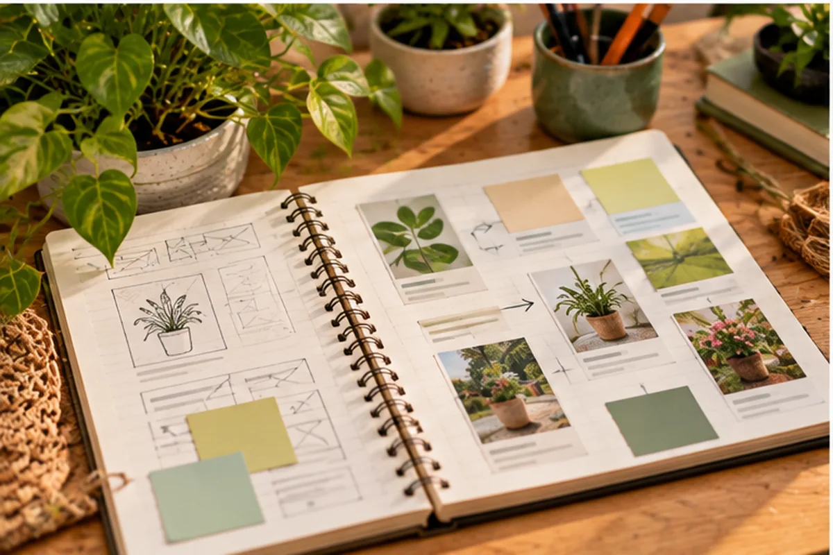Cuaderno con bocetos de secciones de un blog sobre plantas y fotografías organizadas