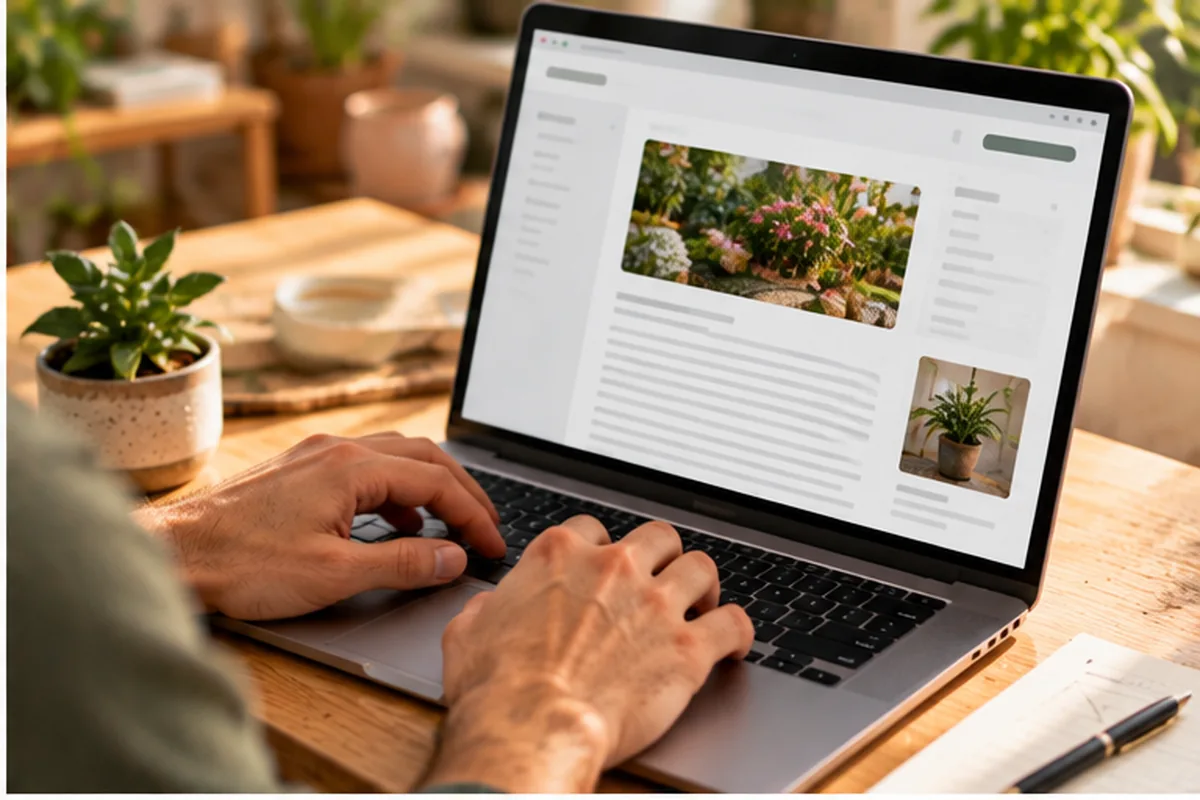 Persona redactando un artículo de jardinería con fotografías de plantas en su portátil