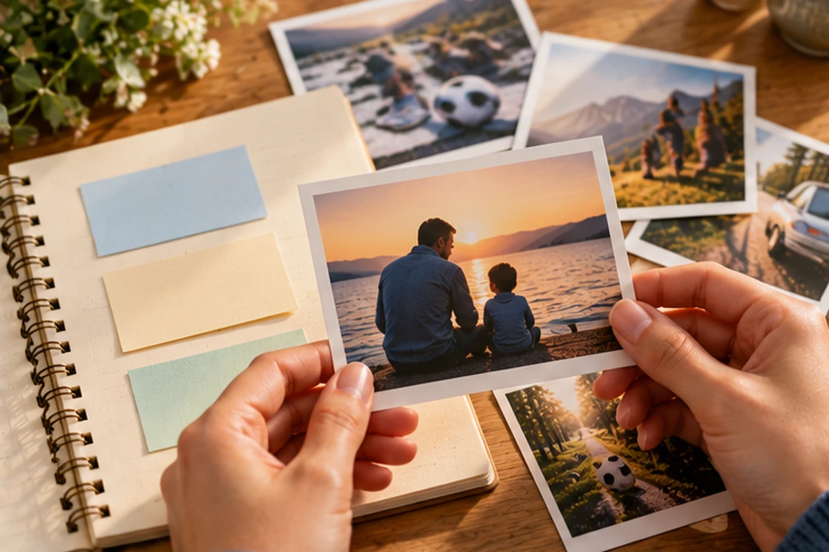 Manos seleccionando fotografías familiares y recuerdos para preparar una carta a papá