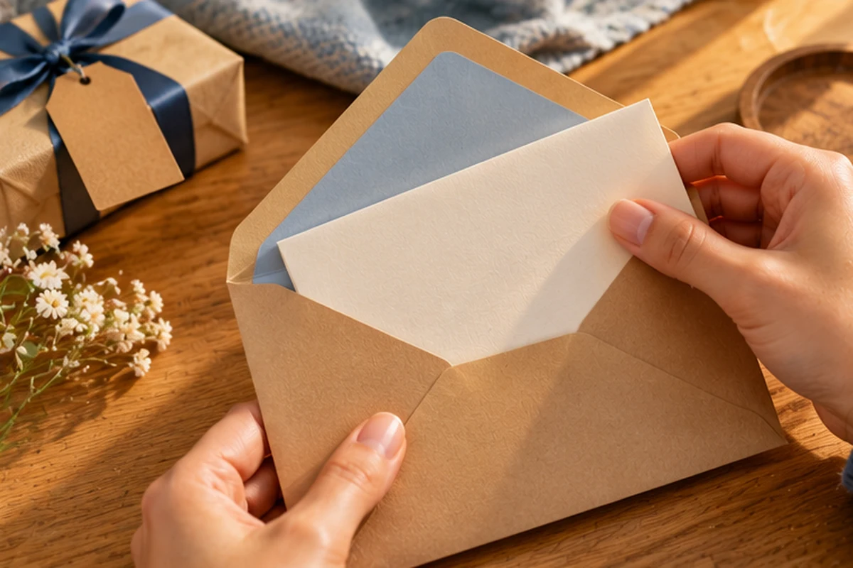Manos colocando una carta dentro de un sobre de papel kraft con interior azul
