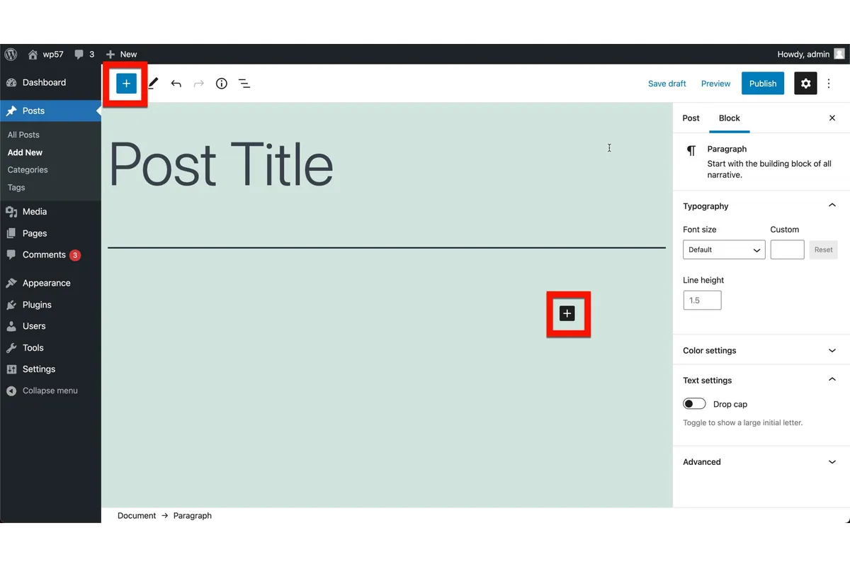 Captura auténtica del editor de bloques WordPress al escribir una entrada con título y botón para añadir bloques