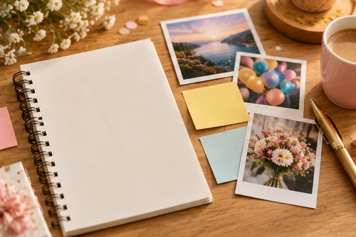 Cuaderno abierto con fotos y recuerdos para personalizar una carta de cumpleaños