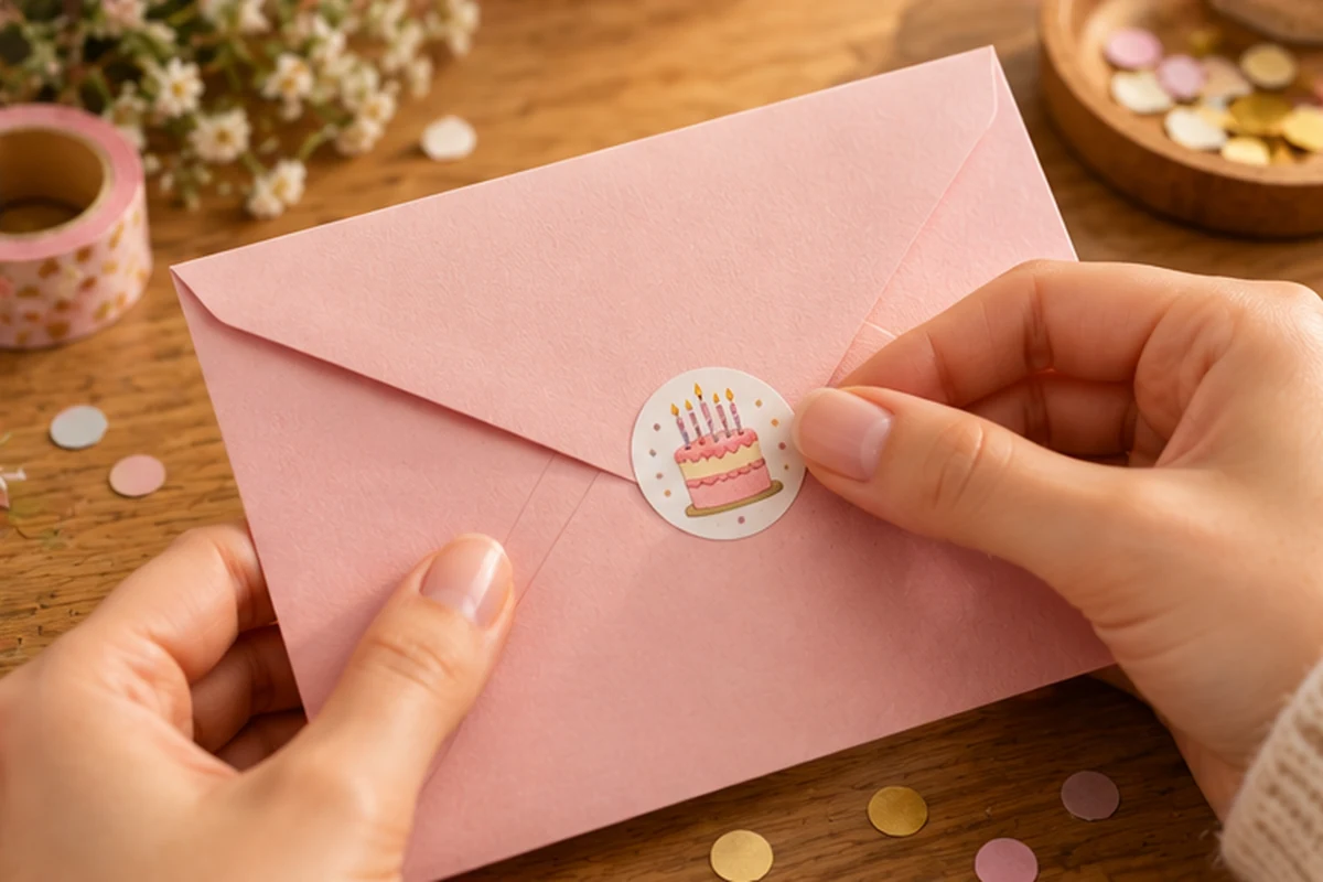 Manos cerrando un sobre rosa decorado para entregar una carta de cumpleaños