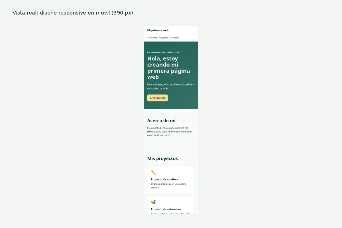 Captura real de la página de ejemplo con diseño adaptable a una pantalla móvil de 390 píxeles