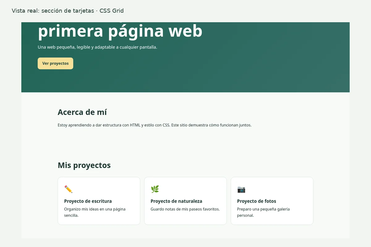 Captura real de una sección de proyectos con tres tarjetas maquetadas mediante CSS Grid