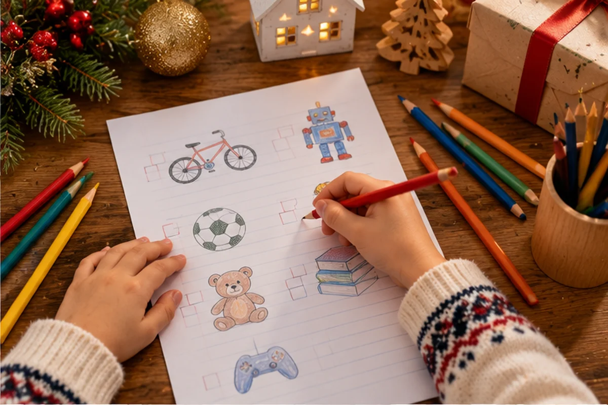 Niño seleccionando regalos con dibujos de libros bicicleta y juguetes sobre una hoja de deseos