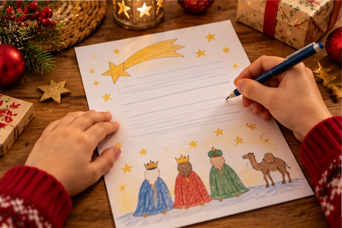 Mano infantil escribiendo una carta a los Reyes Magos decorada con estrellas