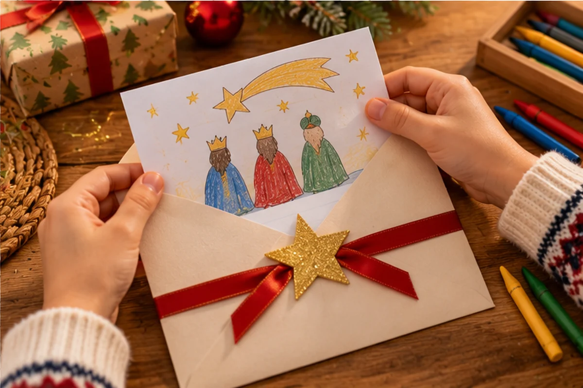 Manos de niño introduciendo una carta dibujada con los Reyes Magos en un sobre navideño