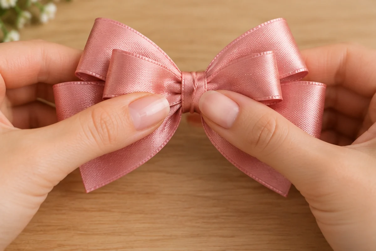 Dos capas de raso rosa superpuestas sujetas por el centro para formar un lazo coquette
