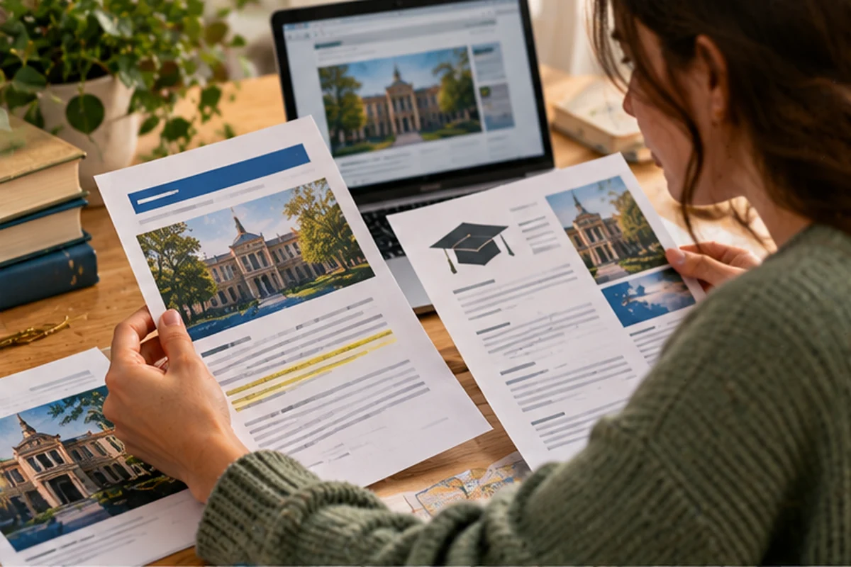 Estudiante consulta documentos de una universidad y destaca información de un programa de estudios