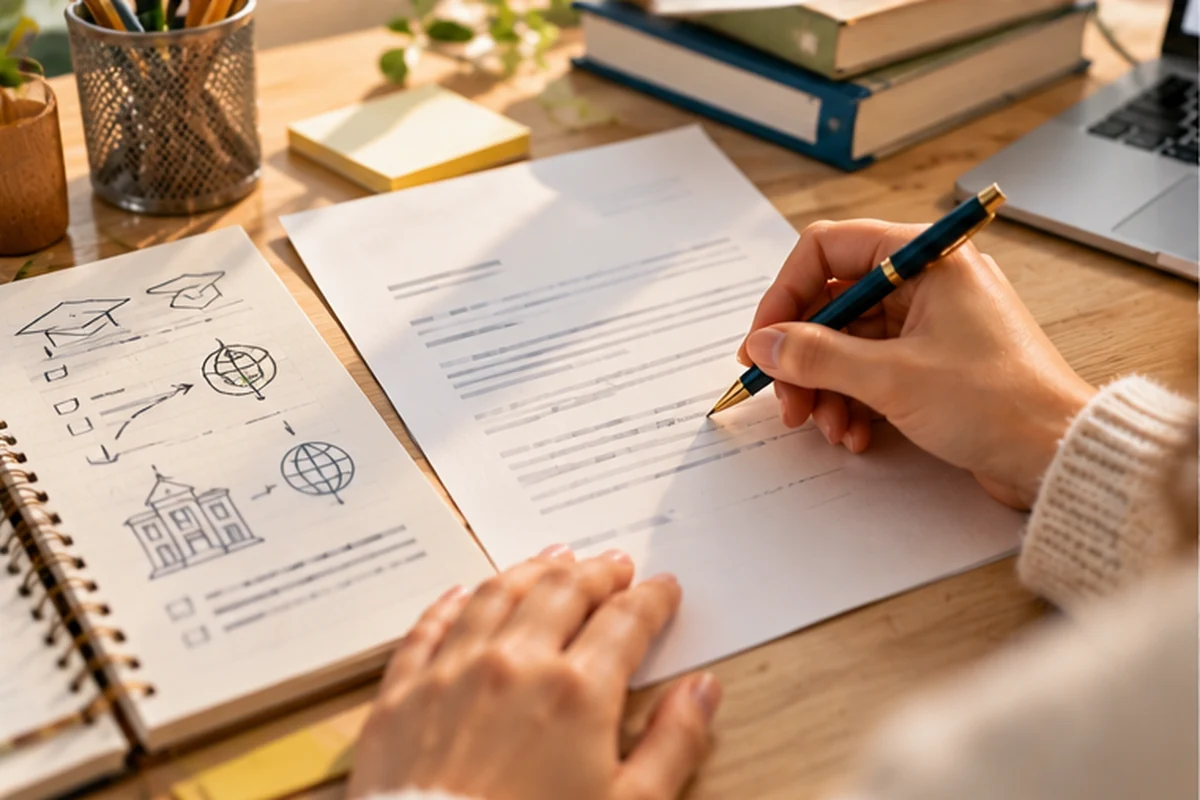 Mano escribiendo una carta de motivación académica junto a apuntes y un portátil