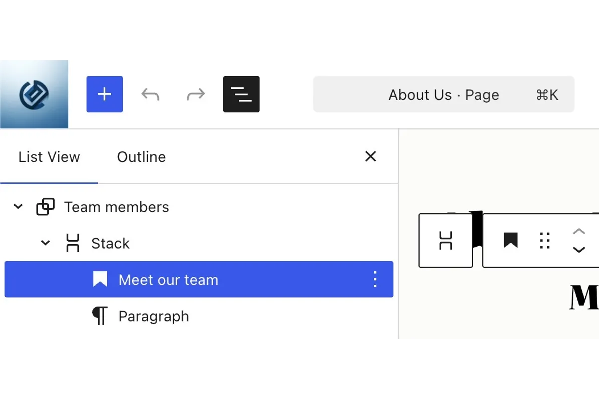 Captura auténtica de WordPress.com mostrando el editor de bloques y su vista de lista