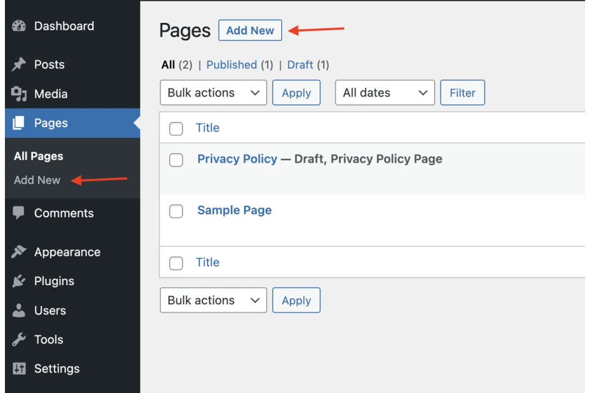 Captura real del menú Páginas de WordPress y botón Añadir nueva, procedente de WordPress.org