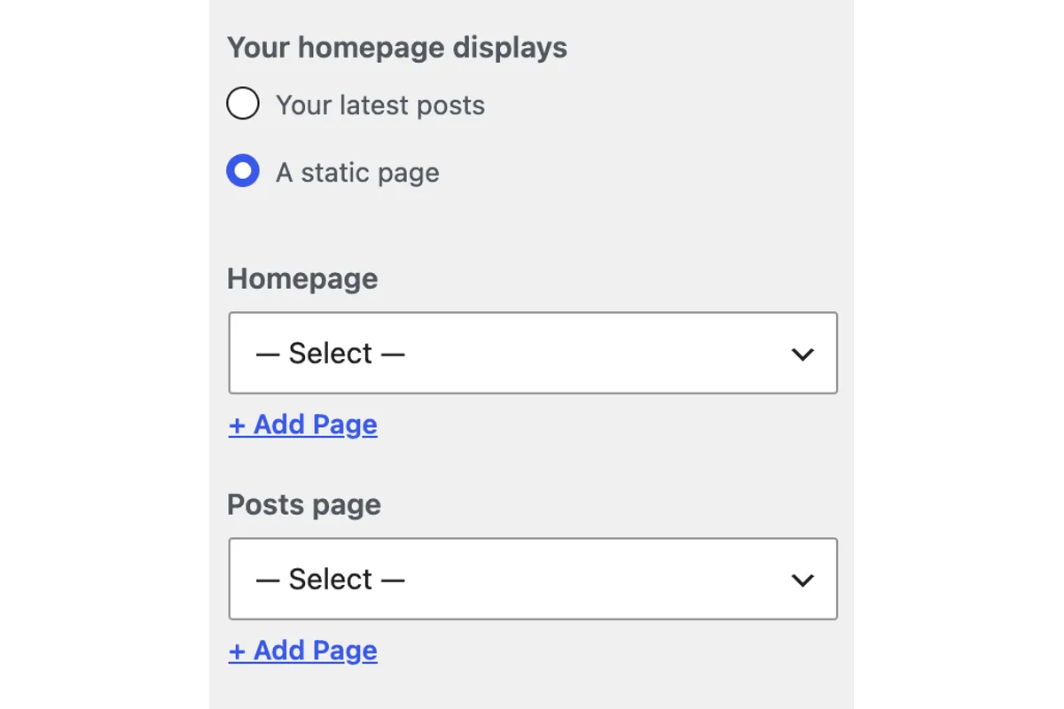 Captura auténtica de WordPress.org de la configuración de portada estática desde el personalizador